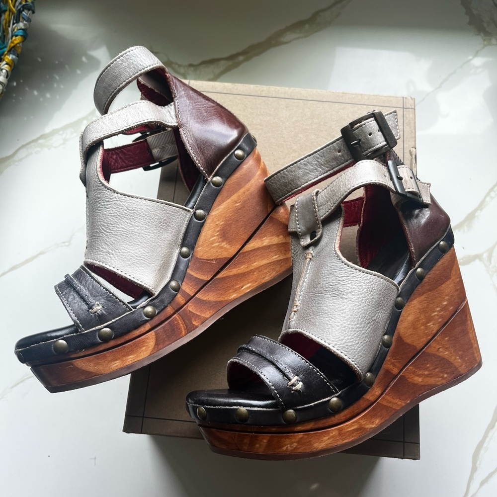 Bed Stu Brown and Cream Leather Wedges